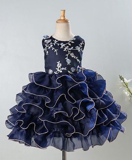Enfance Flower Embroidered Sleeveless Layer Dress - Navy Blue
