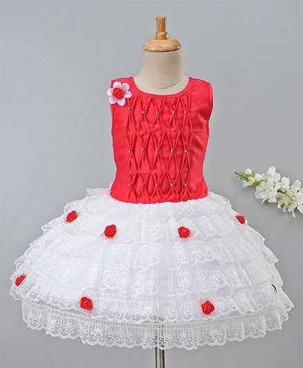 Enfance Diamond Pattern & Rose Flower Decorated Sleeveless Dress - Red