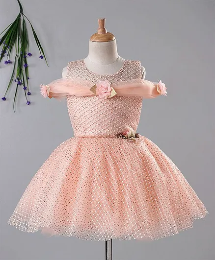 Enfance Lattice Embroidered Cold Shoulder Half Sleeves Dress - Peach