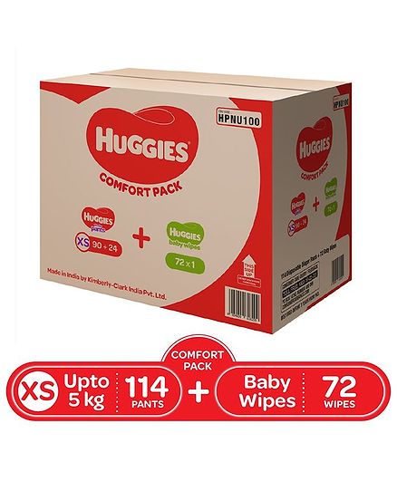 Huggies Wonder Pants Diapers Extra Small Size Combo Pack - 114 Pieces & Huggies Baby Wipes Cucumber & Aloe Vera - 72 Pieces