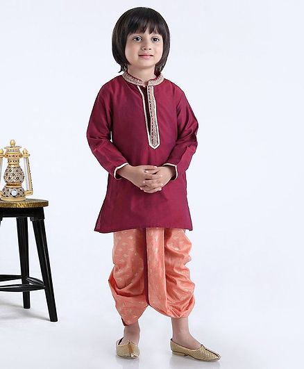 Babyhug Full Sleeves Dhoti Kurta Set Embroidered Neck - Maroon