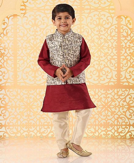Babyhug Solid Kurta & Pyjama With Warli design Jacket - Maroon