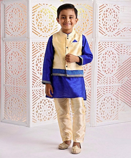Babyhug Full Sleeves Kurta Pajama & Jacket Set - Blue