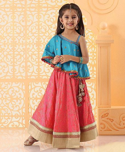 Babyhug Layered & Singlet Sleeves Choli And Lehenga Floral Print - Turquoise Blue