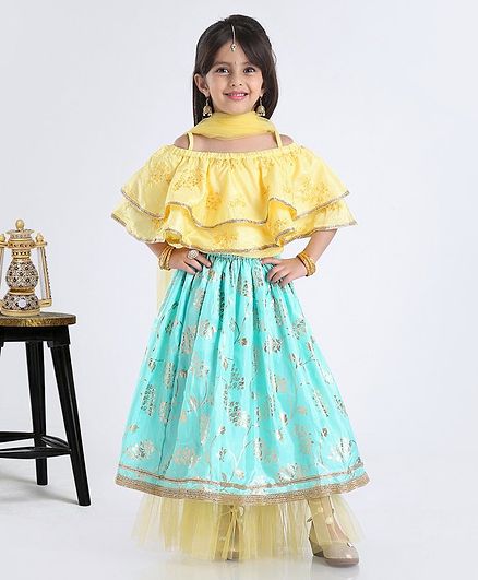 Babyhug Half Sleeves Choli And Lehenga Golden & Silver Print - Yellow Blue