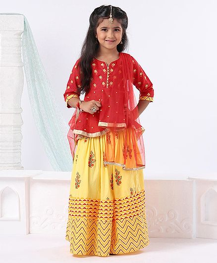 Babyhug Lehenga & Full Sleeves Choli Set With Dupatta Floral Print - Red Yellow