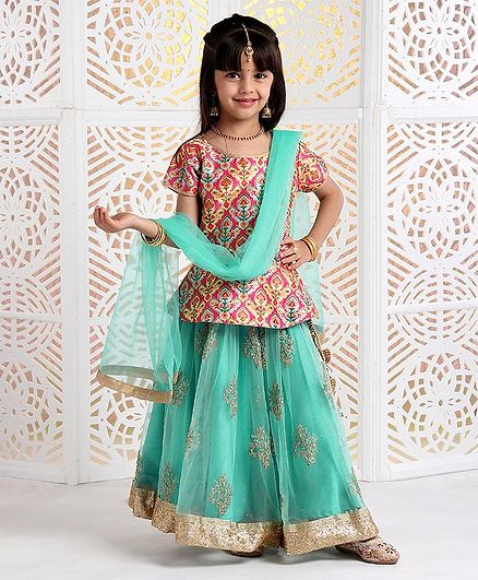 Babyhug Lehenga & Half Sleeves Choli Set With Dupatta Floral Print - Pink Sea Green