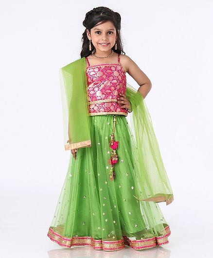 Babyhug Cold Shoulder Choli & Lehenga With Dupatta Floral Embroidery - Pink Green