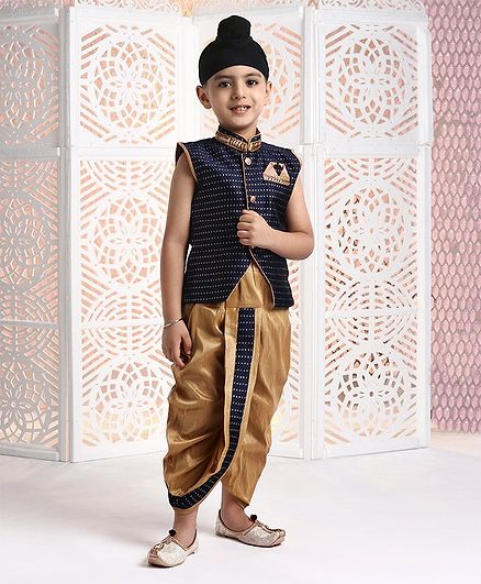 Babyhug Sleeveless Jacket & Dhoti Set Zari Work - Navy Blue Golden