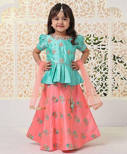 Babyhug Half Sleeves Peplum Choli & Lehenga With Dupatta Floral Embroidery - Blue Pink