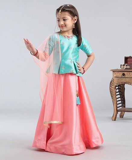 Babyhug Girls Half Sleeves Peplum Styled Choli & Lehenga With Dupatta - Blue