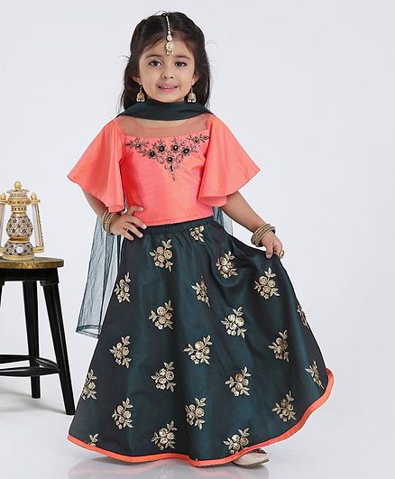 Babyhug Cape Sleeves Lehenga Choli With Dupatta Set Floral Zardosi Detailing - Coral