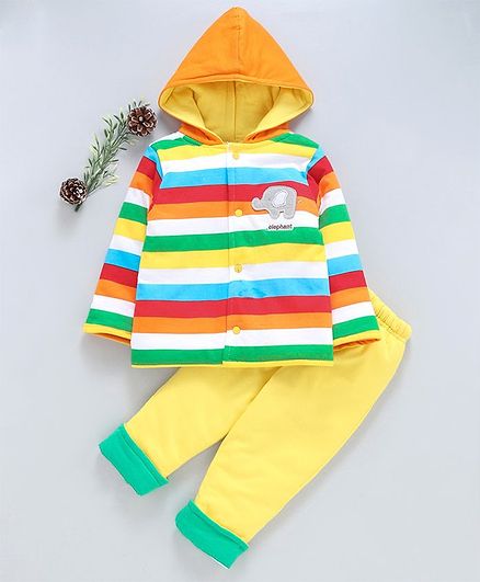 Cucumber Full Sleeves Hooded Tee & Bottoms Set Stripes Pattern - Multicolor