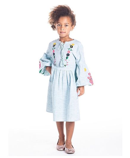 Cherry Crumble by Nitt Hyman Flower Embroidered Full Sleeves Dress - Light Blue