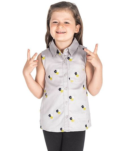 Cherry Crumble by Nitt Hyman Flower Embroidered Sleeveless Top - Grey
