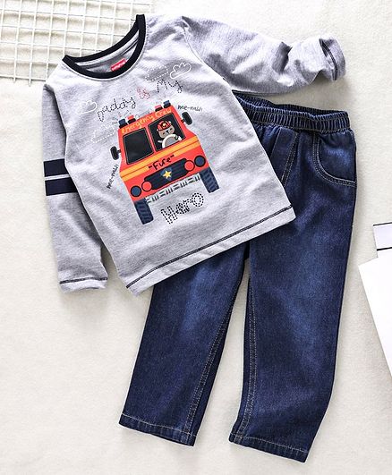Babyhug Full Sleeves Tee With Jeans Fire Brigade Print - Grey