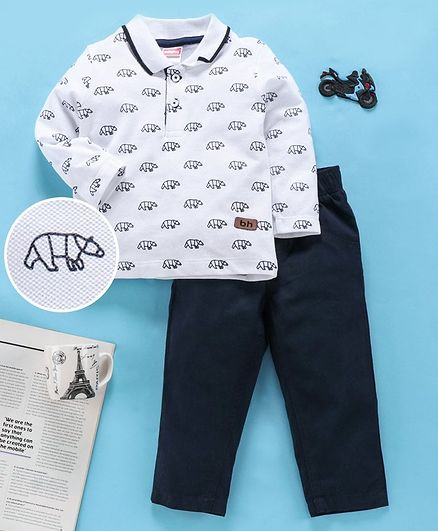 Babyhug Full Sleeves Tee & Bottoms Set Animal Print - White Blue