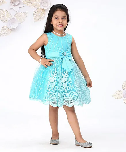 Mark & Mia Sleeveless Party Wear Frock Floral Embroidery - Blue