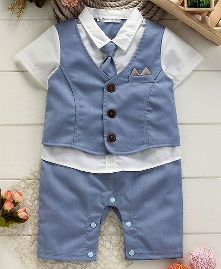 Mark & Mia Half Sleeves Party Wear Romper With With Tie - Blue White