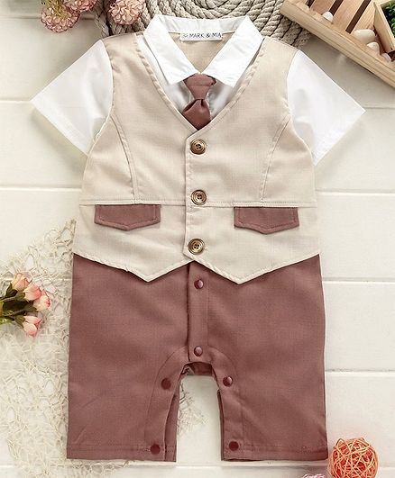 Mark & Mia Half Sleeves Party Wear Romper With Mock Blazer - Beige Brown