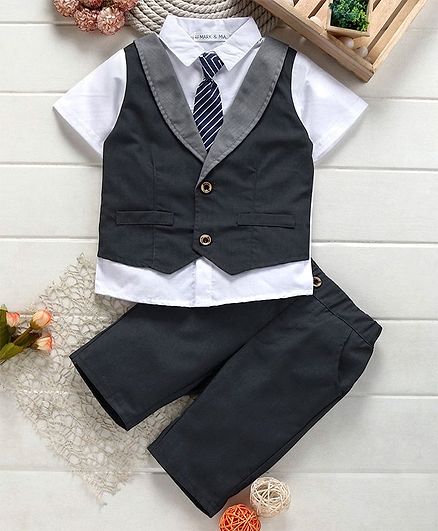 Mark & Mia Half Sleeves Shirt With Trousers & Striped Tie - Black