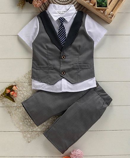 Mark & Mia Half Sleeves Shirt With Trousers & Striped Tie - Grey