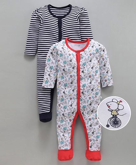 Babyoye Full Sleeves Footed Cotton Rompers Pack of 2 Printed And Striped - White Navy Blue