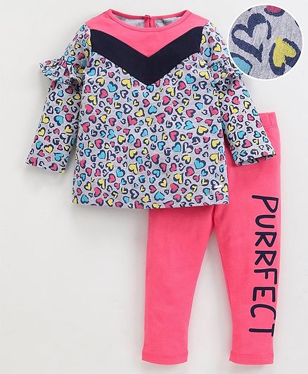 Babyoye Full Sleeves Cotton T-Shirt & Leggings Heart Print - Pink
