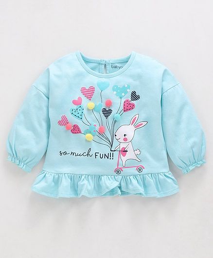 Babyoye Cotton Full Sleeves Top Striped Heart & Bunny Print - Light Blue