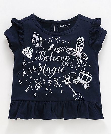 Babyoye Short Sleeves Ruffled Top Text Print - Navy