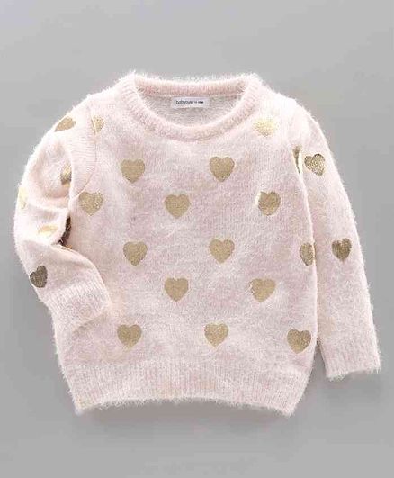 Babyoye Acrylic Full Sleeves Sweater Heart Design - Light Pink