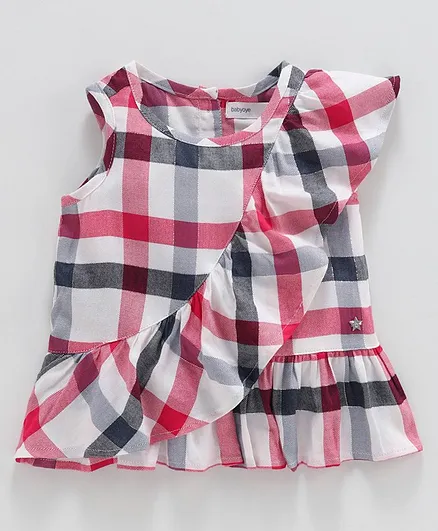 Babyoye Sleeveless Checked Cotton Top - White Pink
