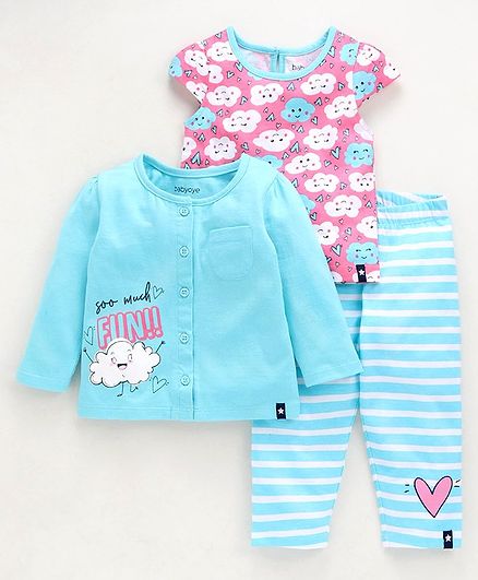 Babyoye 3 Piece Cotton Night Wear Combo Set Cloud Print - Pink Blue