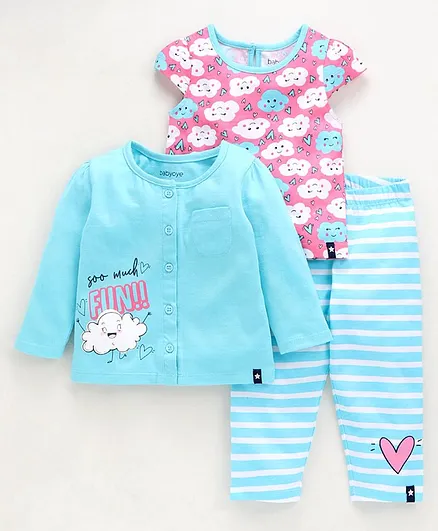 Babyoye 3 Piece Cotton Night Wear Combo Set Cloud Print - Pink Blue