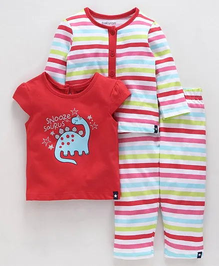 Babyoye Printed Night Suit Set Pack of 3 - Red