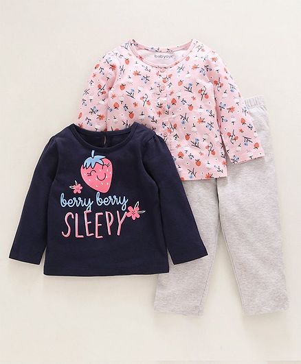 Babyoye Full Sleeves Night Wear Combo Set Strawberry Print Pack of 3 - Pink Blue