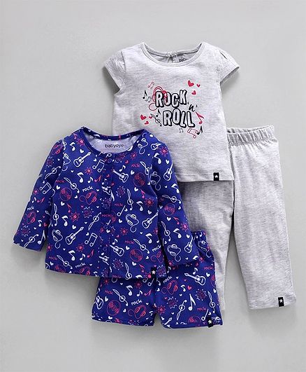 Babyoye Cotton Short & Full Sleeves Multi Print Night Wear Pack of 4 - Navy Grey
