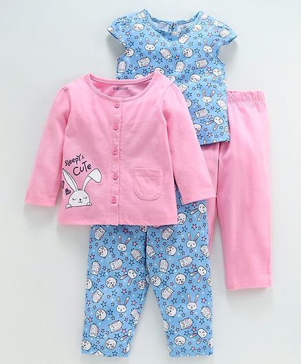 Babyoye Half & Full Sleeves Night Wear Bunny Print Pack of 4 - Pink Blue