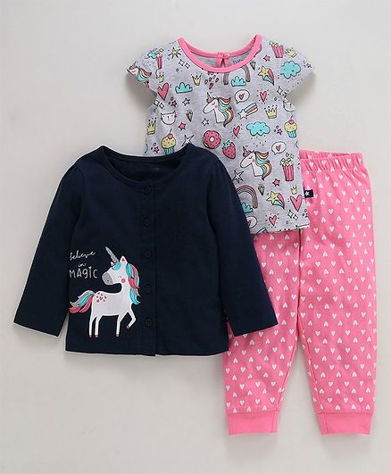 Babyoye 3 Piece Cotton Night Wear Set Unicorn Print - Pink Grey
