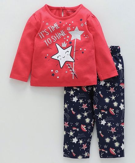 Babyoye Full Sleeves Night Suit Star Print - Red