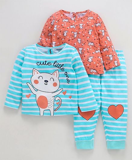Babyoye Cotton Full Sleeves 3 Piece Combo Nightwear Set Kitty Print - Coral Blue