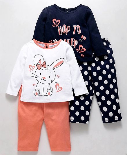 Babyoye Full Sleeves Night Wear Bunny Print Pack of 4 - Peach blue