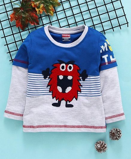 Babyhug Full Sleeves Tee Monster Patch - Blue