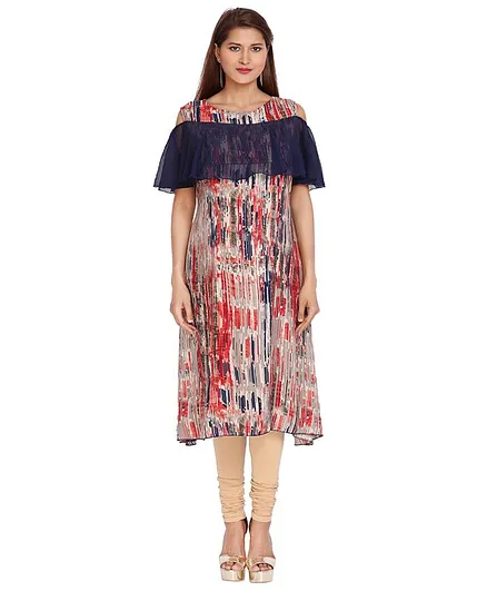 Morph Maternity All Over Print Half Sleeves Cold Shoulder Nursing Kurta - Beige