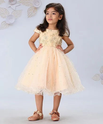 Mark & Mia Cap Sleeves Party Wear Frock Floral Embroidery - Light Orange
