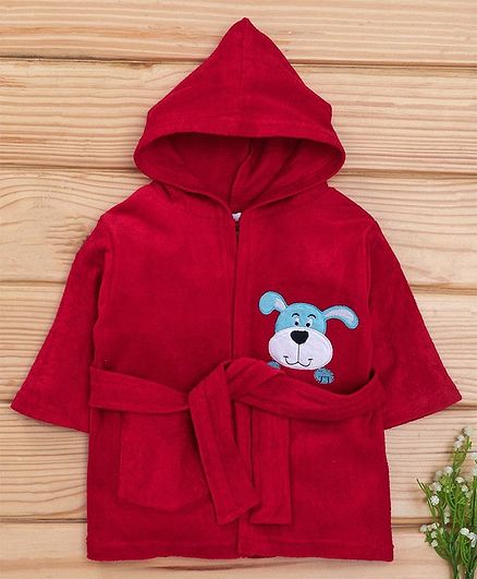 Babyhug Full Sleeves Bath Robe Dog Patch - Red