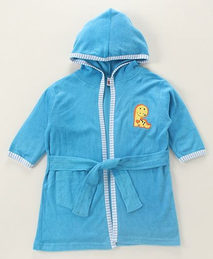 Babyhug Full Sleeves Hooded Bathrobe Dino Patch - Blue