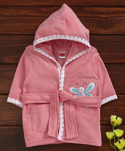 Babyhug Full Sleeves Hooded Bathrobe Butterfly Patch - Pink