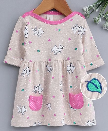 Baby Naturelle & Me 3/4th Sleeves Frock Rabbit Print - Beige