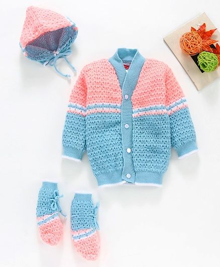 Babyhug Full Sleeves Sweater With Cap & Booties - Blue